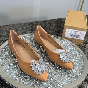 Journey  Tan Pointed-Toe Flats with Crystal Embellishment NEW 8